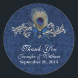 Chic Peacock Feather Wedding Favour Sticker<br><div class="desc">Elegant wedding favour stickers,  done in a blue on blue damask pattern,  with a silver tone flourish decorated with a peacock feather and blue bow.  Personalize the light grey text for your special day. Great on your wedding favours.  Matching products available.</div>