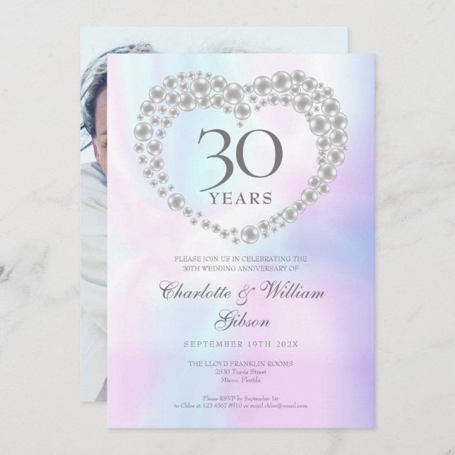 Chic Pearl Heart Photo 30th Anniversary Invitation (Front/Back)