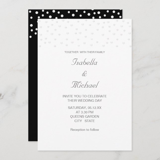 Chic Pearls on Black and White Wedding Invitation (Front/Back)
