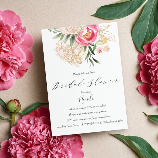 Chic Peonies gold Flowers Wedding Bridal Shower Invitation (Calligraphy "Bridal Shower" with PInk peones and green leaves and gold accents. Elegant Inviation )