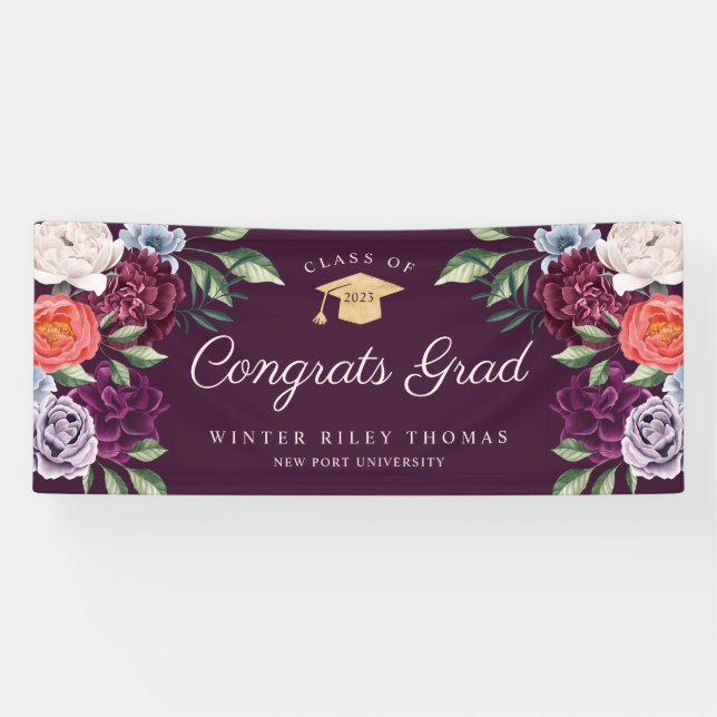 Chic Peonies Rose Floral Graduate Graduation Party Banner (Horizontal)