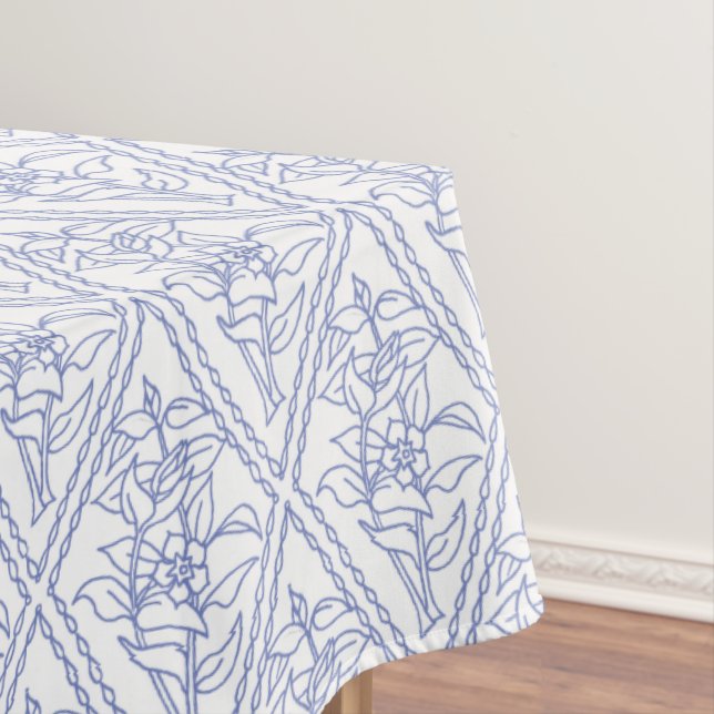 Chic Periwinkle Blue White Floral Diamond Pattern Tablecloth (In Situ)
