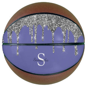 Chic Periwinkle Silver Glitter Drips Monogram Name Basketball