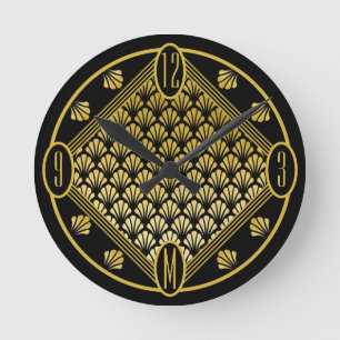 Chic Personalized Art Deco Fan Pattern Monogram Round Clock