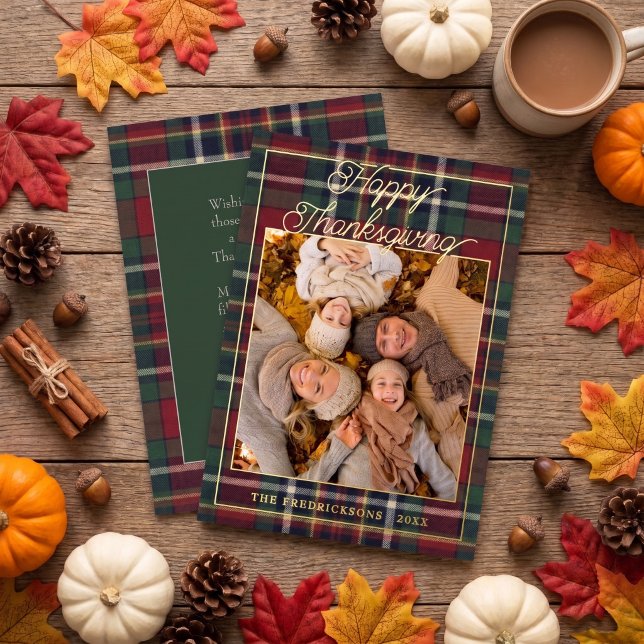 Chic Personalized Classic Plaid Pattern Gold Foil Holiday Card (Creator Uploaded)