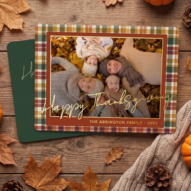 Chic Personalized Classic Plaid Pattern Gold Foil Holiday Card (Creator Uploaded)