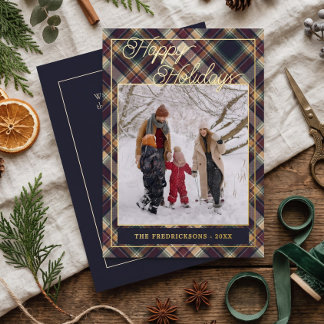 Chic Personalized Classic Plaid Pattern Gold Foil Holiday Card