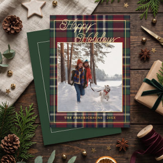 Chic Personalized Classic Plaid Pattern Gold Foil Holiday Card
