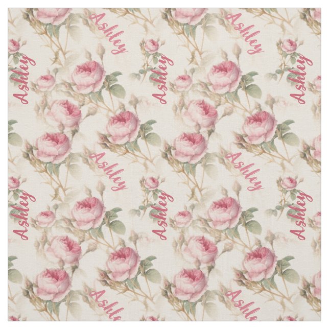 Chic Personalized Coral Rose Print with Name Fabric (Swatch)