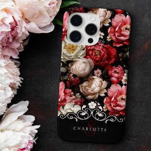Chic Personalized Dark Peony Floral-Black Label iPhone 15 Pro Max Case
