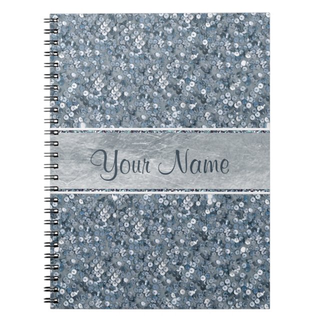 Chic Personalized Faux Blue Sequins Silver Foil Notebook (Front)