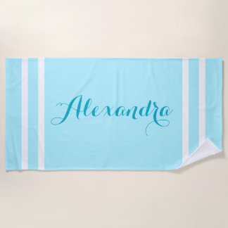 Chic Personalized Light Blue Striped Beach Towel