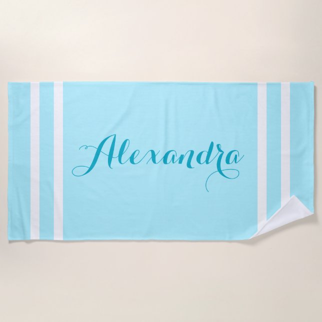 Chic Personalized Light Blue Striped Beach Towel (Front)