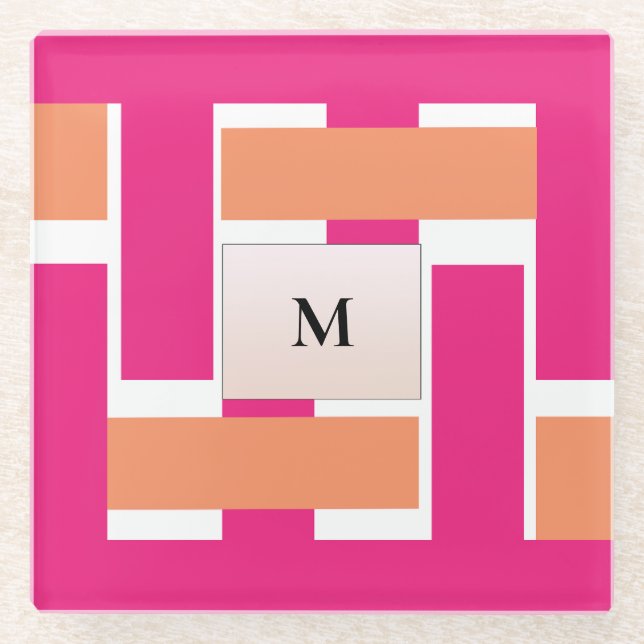 Chic Personalized Monogram Feminine Stripe Pattern Glass Coaster (Front)