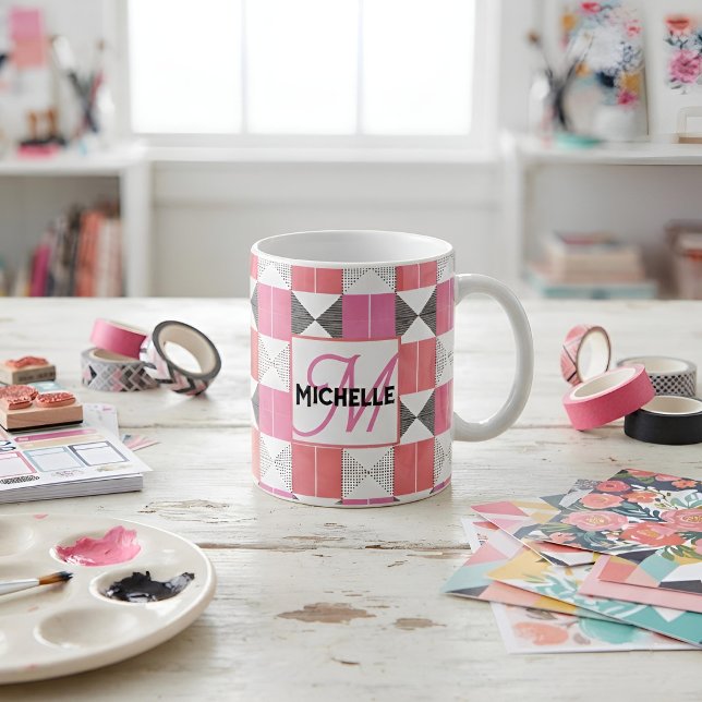 Chic Personalized Monogram Modern Pink Patchwork Coffee Mug (Creator Uploaded)
