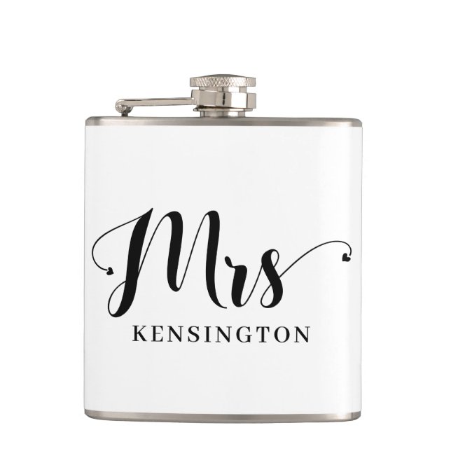 Chic Personalized Mrs Newlywed Typography Hip Flask (Front)