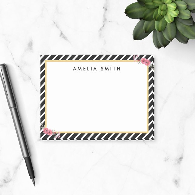 Chic Personalized Name Black Stripes Pink Flowers Post-it Notes (Creator Uploaded)
