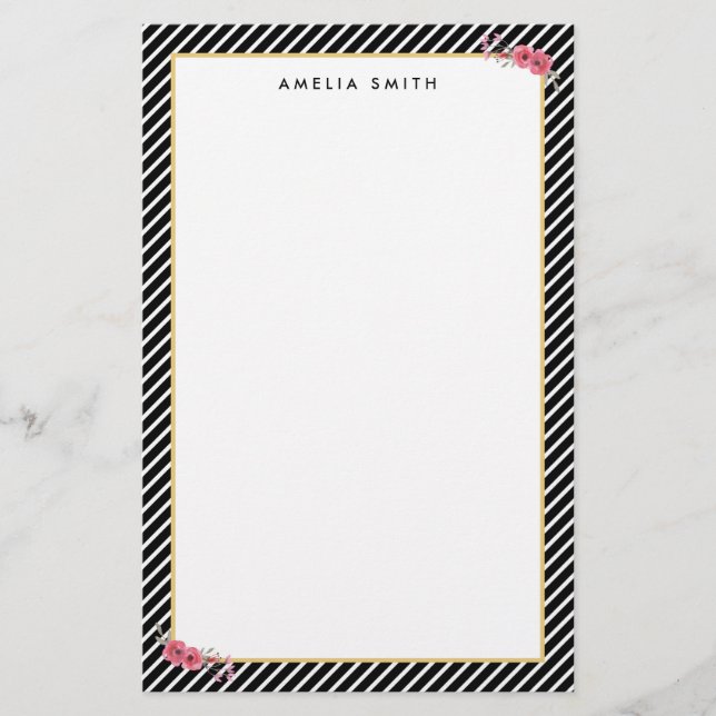 Chic Personalized Name Black Stripes Pink Flowers Stationery (Front)