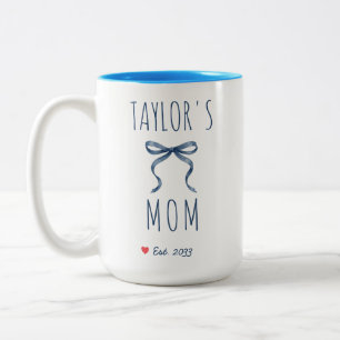 Chic Personalized Name Mom Est Year Navy Blue Bow Two-Tone Coffee Mug