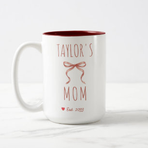 Chic Personalized Name Mom Est Year Pink Bow Two-Tone Coffee Mug