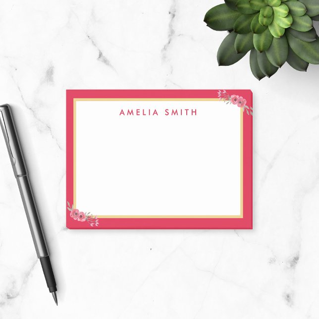 Chic Personalized Name Pink Border Pink Flowers Post-it Notes (Creator Uploaded)