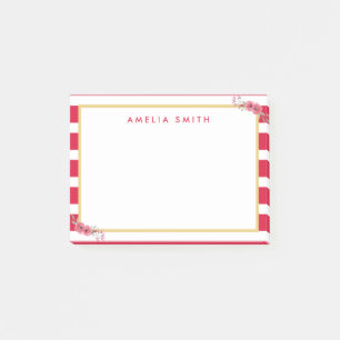 Chic Personalized Name Pink Stripes Pink Flowers Post-it Notes