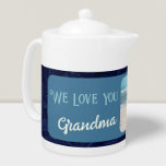 Chic Personalized Photo Text Grandma Gift Blue<br><div class="desc">Enjoy your morning tea in style with our Chic Personalized Photo Text Tea Pot. This teapot is a perfect way to add a personal touch to your tea time routine, featuring a custom front side with your photo and text. The vintage floral design provides a beautiful backdrop for your customized...</div>