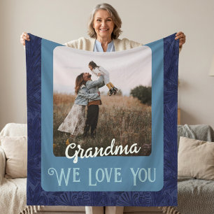 Chic Personalized Photo Text Grandma Gift Blue Fleece Blanket