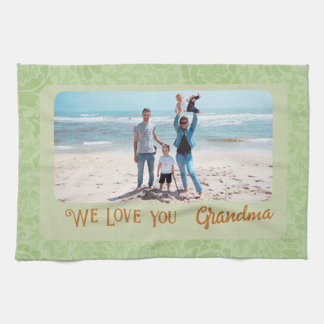 Chic Personalized Photo Text Grandma Gift Green Kitchen Towel (Horizontal)