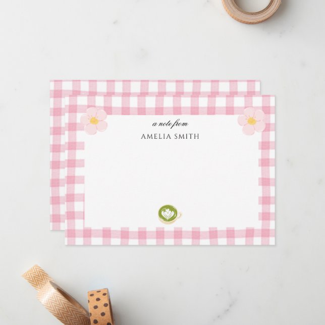 chic Personalized Pink theme Gingham Notecard (Front/Back In Situ)