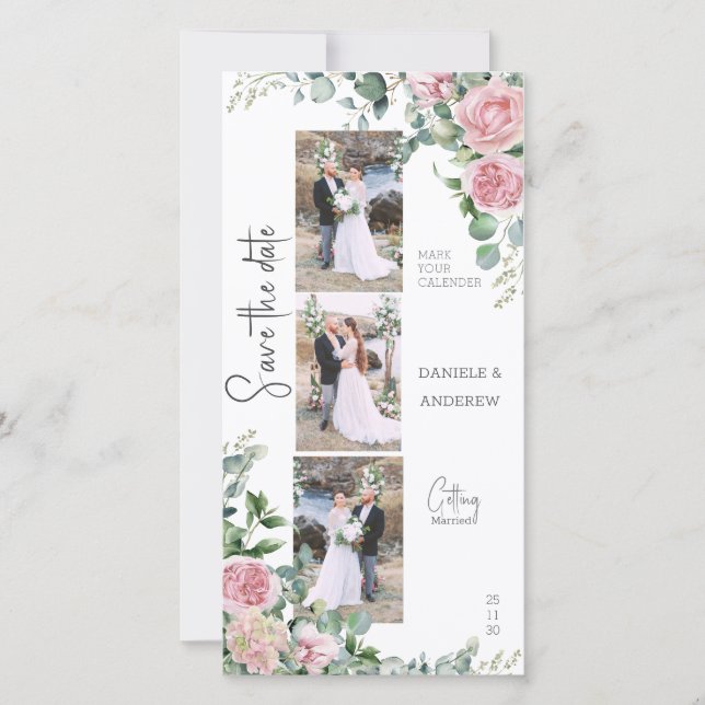 Chic Petals Pink Rose Eucalyptus Photo Strip Save The Date (Front)