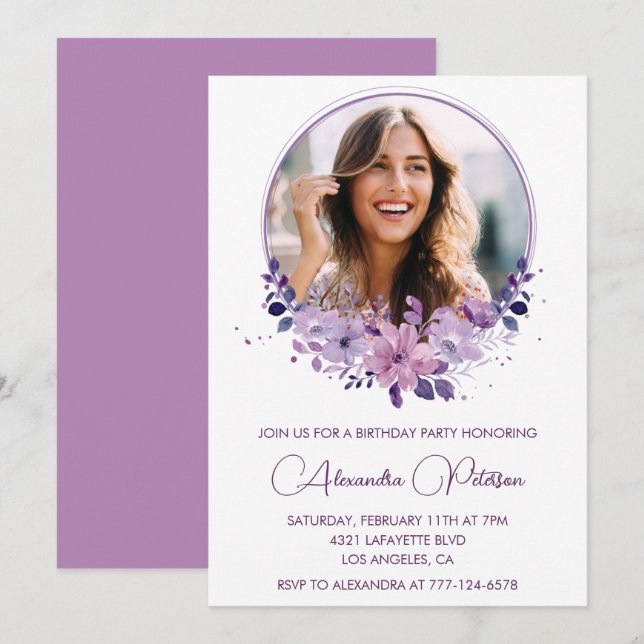 Chic Photo 37e anniversaire invitation Floral Purp (Devant / Derrière)