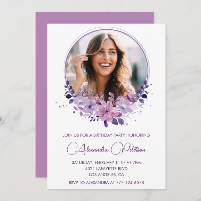 Chic Photo 43e anniversaire invitation Floral Purp (Devant / Derrière)
