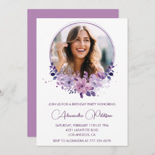 Chic Photo 46th birthday invitation Floral Purple