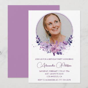 Chic Photo 52nd birthday invitation Floral Purple