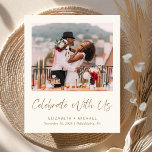 Chic Photo Cream Gold Wedding Reception Invitation<br><div class="desc">Budget-friendly light cream elopement and private wedding announcement and wedding reception invitation. The front features your photo, "Celebrate With Us" in a chic gold script and your first names, wedding date and location in simple modern gold typography. On the reverse side, personalize your invitation and sign your names in a...</div>