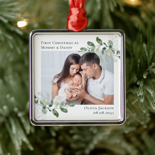 Chic Photo Eucalyptus New Baby  Metal Ornament (Tree)