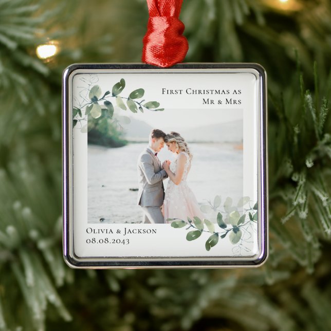 Chic Photo Eucalyptus Wedding  Metal Ornament (Tree)