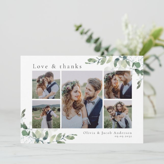 Chic Photo Eucalyptus Wedding Thank You Card (Standing Front)
