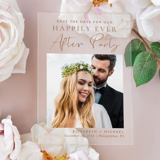 Chic Photo Gold Wedding Reception Save The Date Acrylic Invitations (Celebrate your Happily Ever After in style with our elegant acrylic wedding reception save the date)