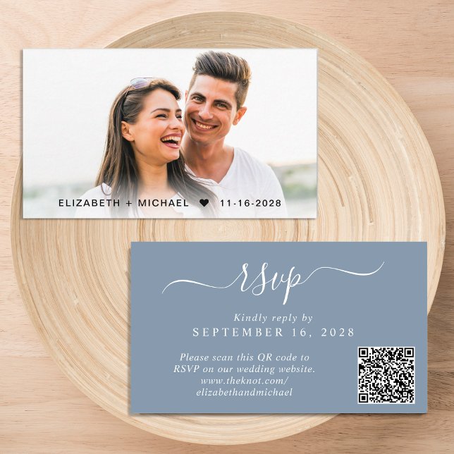 Chic Photo QR Code Dusty Blue Wedding RSVP Enclosure Card (Our user-friendly template will generate your QR code automatically from your website address)