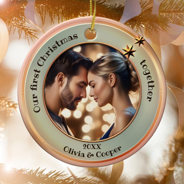 Chic Photo Rose Gold First Christmas Together Ceramic Ornament (First Christmas together ornament featuring your photo on a green and rose gold design with stars)