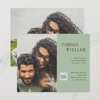 Chic Photo Wedding Invite QR Code Save Date Green