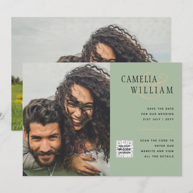 Chic Photo Wedding Invite QR Code Save Date Green (Front/Back)
