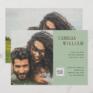 Chic Photo Wedding Invite QR Code Save Date Green