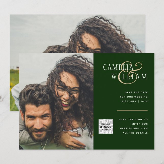 Chic Photo Wedding Invite QR Code Save Date Green (Front/Back)