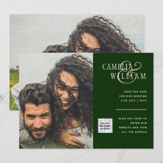 Chic Photo Wedding Invite QR Code Save Date Green