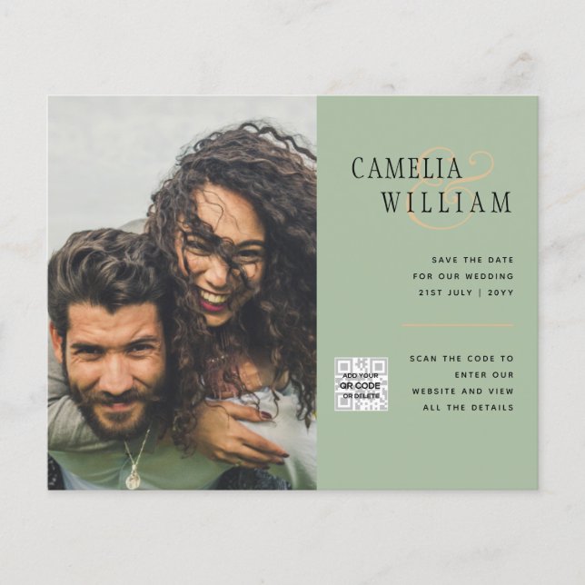 Chic Photo Wedding Invite QR Code Save Date Green Flyer (Front)