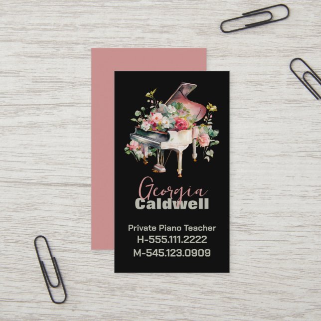 Chic Piano Teacher Watercolor Art Business Card (Front/Back In Situ)