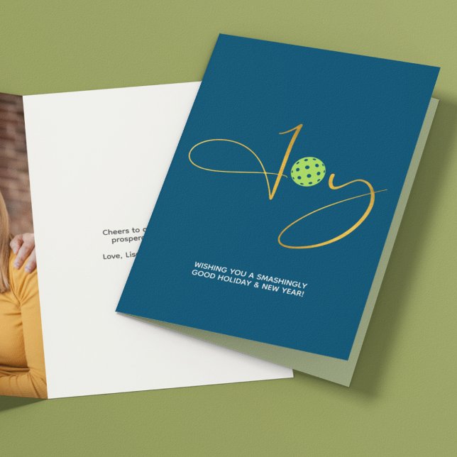 Chic Pickleball "Joy" Blue Christmas Photo Holiday Card (Creator Uploaded)
